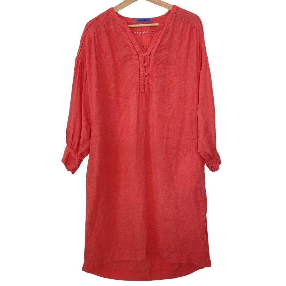 J McLaughlin Sz Medium 100% Linen Midi Dress Pockets Long Sleeve Resort Natural